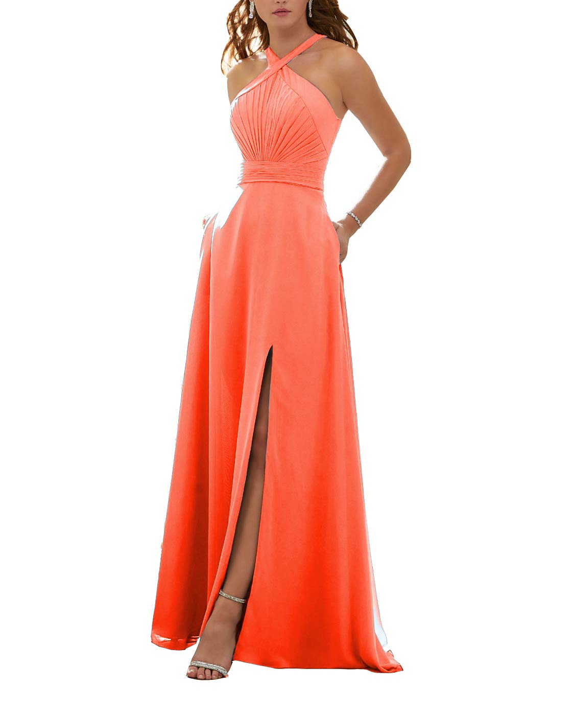 Stylefun Women's Halter Long Split Bridesmaid Dress with Pockets 4 Coral