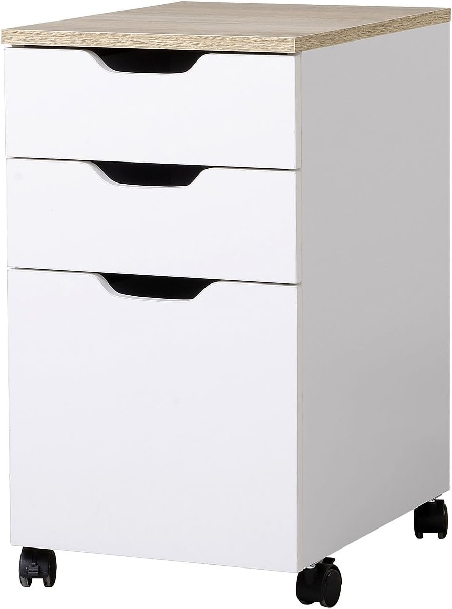 Homcom 3 Drawer Rolling File Cabinet With 2 Locking Casters Convenient Storage Space Saving Design White And Natural Wood Amazon Ca Home Kitchen