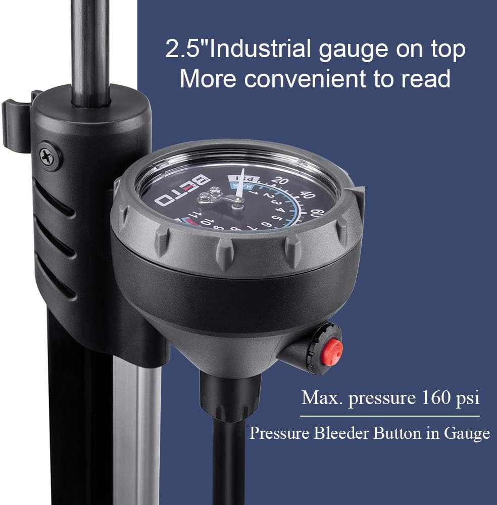 Beto Bike Pump Portable - Bicycle Floor Pump with Industrial Top-Mounted Gauge & Air Bleed Button - Presta Schrader Dunlop Valve Universal, Steel Tube 160 Psi Max (Black/Red) : Sports & Outdoors