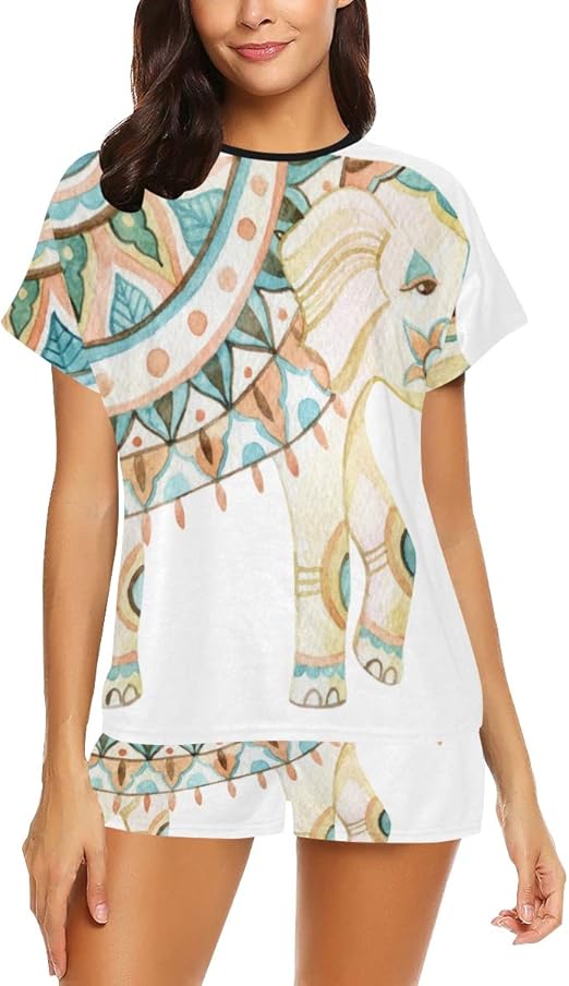 Lässiges Pyjama-Set für Damen, verzierter Elefanten-Kurzarm-Pyjama im