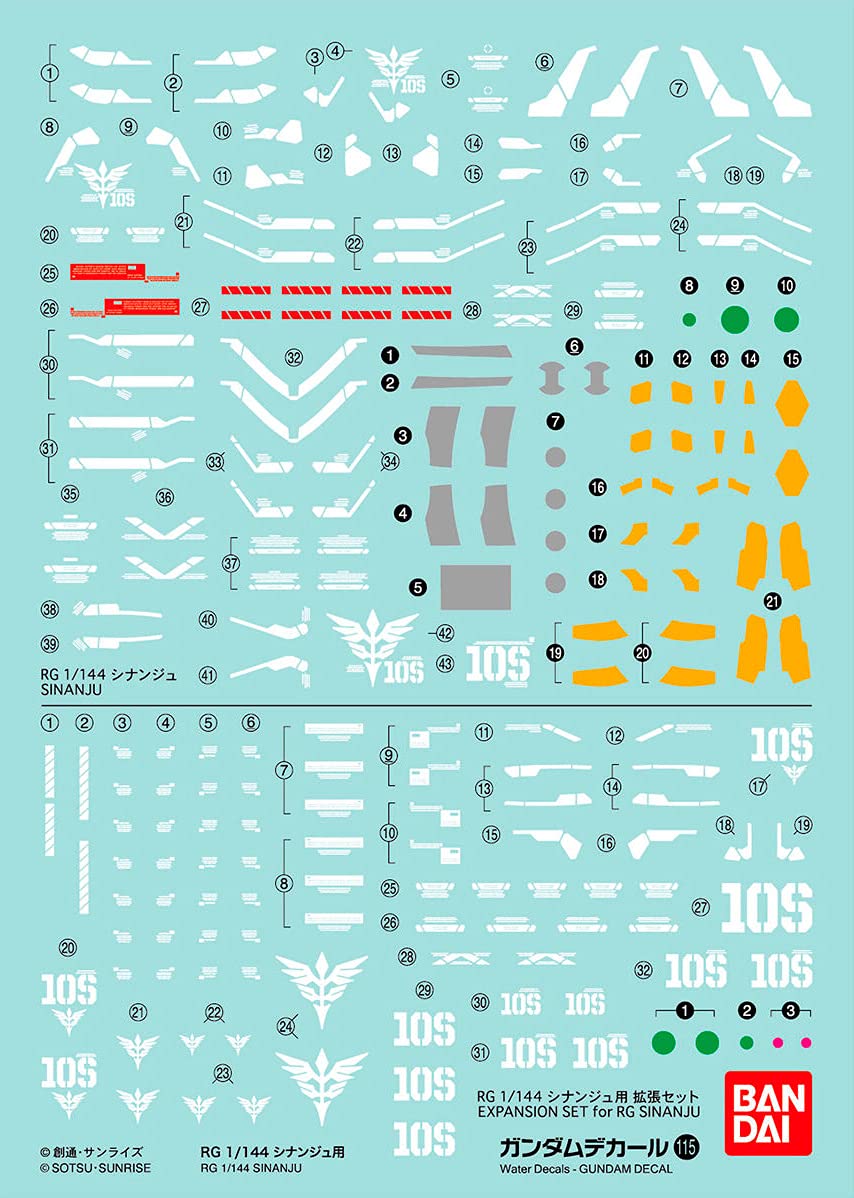 Bandai Model Kit- Gundam Decal 115 RG Sinanju 1/144, 24914