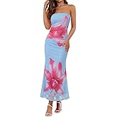 ZESICA Womens Summer Boho Floral Strapless Maxi Dress 2026 Off Shoulder Bodycon Tube Mesh Sexy Cocktail Party Long Dresses