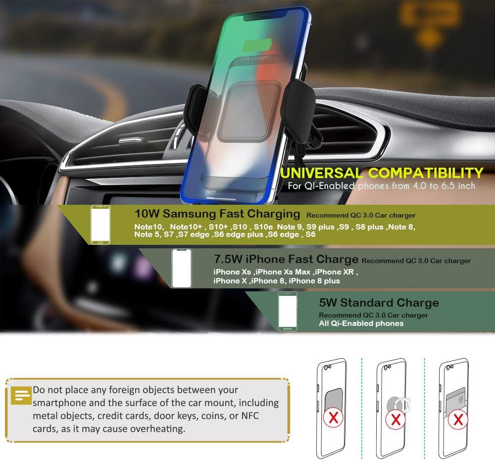 ZeeHoo Wireless Car Charger,10W Qi Fast Charging Auto-Clamping Car Mount,Windshield Dash Air Vent Phone Holder Compatible iPhone 11/11 Pro Max/Xs MAX/XS/X/8/,Samsung S10/S9/S8 (Dark Silver): Electronics