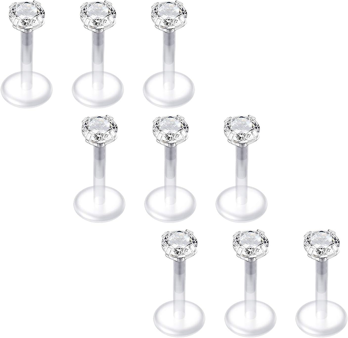 QWALIT 16G Clear Lip Rings Studs Cartilage Tragus Earrings Retainer for Work Plastic Cubic Zirconia Labret Monroe Piercing Jewelry 6mm 8mm