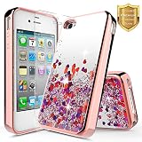 iPhone 4 Case, iPhone 4S Case w/[Tempered Glass Screen Protector], NageBee Glitter Liquid Quicksand Waterfall Floating Flowing Sparkle Shiny Bling Diamond Girls Cute Case -Electroplate Rose Gold
