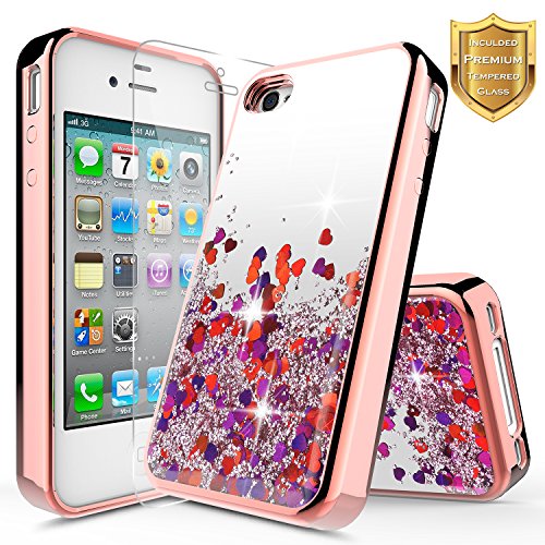 iPhone 4 Case, iPhone 4S Case w/[Tempered Glass Screen Protector], NageBee Glitter Liquid Quicksand Waterfall Floating Flowing Sparkle Shiny Bling Diamond Girls Cute Case -Electroplate Rose Gold