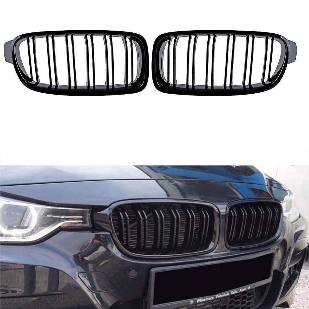 GSRECY Gloss Black For F30 F31 2012-2018 3 Series 318d 320d 330d 320i 328i 335i 335i xDrive Twin FIns Front Kindey Bumper Grille Grill Pair (Gloss Black)