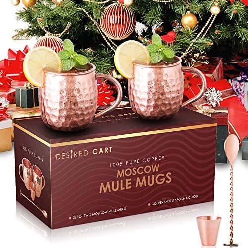 Moscow Mule Copper Mugs Set Of 2 - with Free eBook, Shot Glass, Stirrer Spoon - 100% Solid Pure Copper Hammered Finish 16 Oz Copper Mug, Unique Gift Box - Premium Quality Cups By Desired Cart