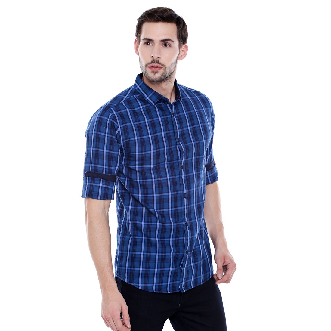 dennis lingo men's checkered blue slim fit casual shirt