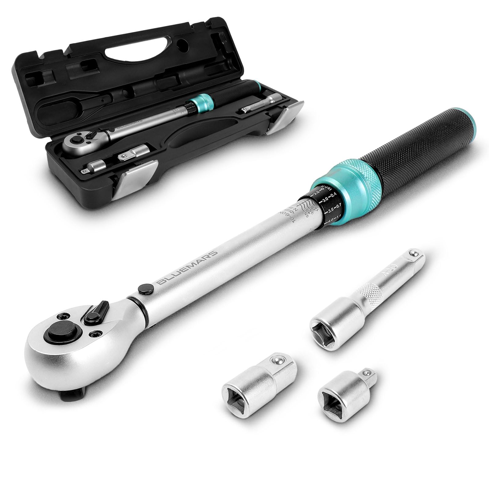 BLUEMARS Ratchet Torque Wrench 3/8 Inch Drive Click 10-60Nm/7.4-44.3FT.LB, 3/8 Inch 72-Tooth, Torque Wrench w/Extension Bar & 1/2" 1/4" Drive Adapter & Case for Bicycle & Motorcycle