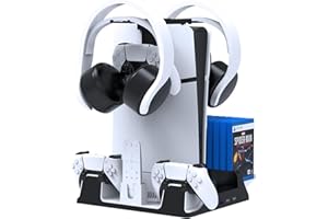 JOYTORN PS5 Vertical Stand with Cooling Fan and Dual Controller Charger Station for PlayStation 5/Slim Console, PS-5 Accessories with Headset Hooker,14 Game Rack Storage, Media Remote Organizer