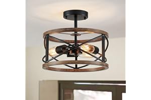 WUZUPS Chandelier 3-Light Imitation Wood Grain Vintage Farmhouse Industrial Semi-Flushmount Ceiling Light Lighting Fixture for Foyer Hallway Storage Room Kitchen Bathroom, H 9.4" W 12", Black