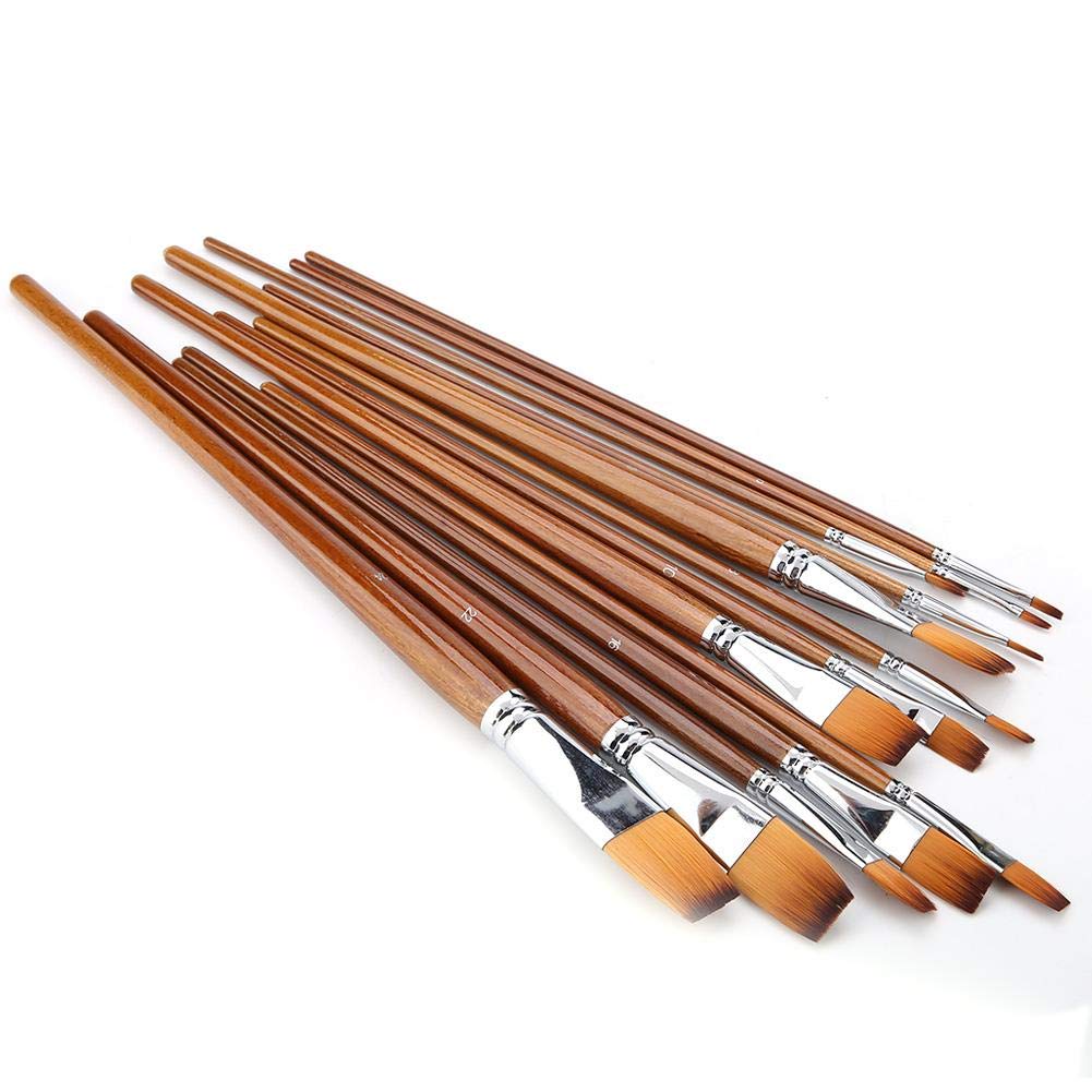 13Pcs Nylon Hair Brush Two-Tone Long Pole Watercolor Oil Painting Flat Brush Set Wooden Handle Professional Art Supplies