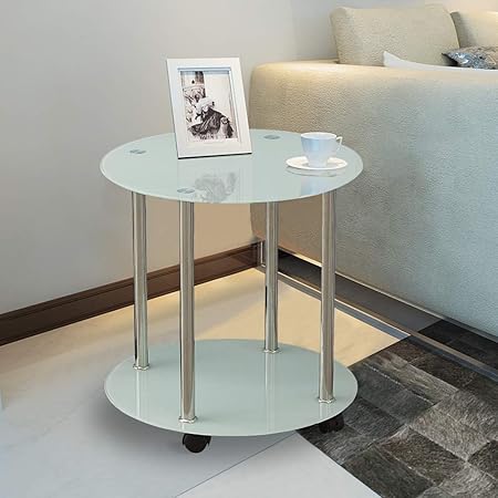 Tukailai White Round Side Table Glass Coffee Table With Wheels Living Room Bedroom Furniture Amazon Co Uk Kitchen Home