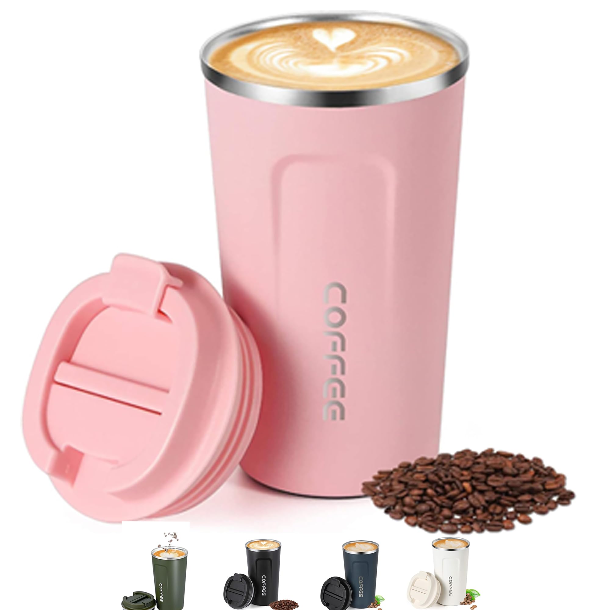Shunshi Insulated Coffee Cup with Leakproof Lid - Reusable Travel Mug, Keeps Drinks Hot or Cold (Pink/510ML)