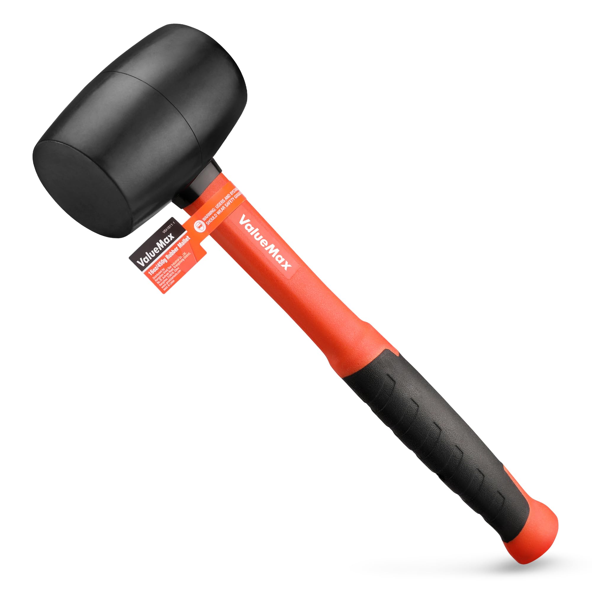ValueMax Rubber Mallet 16oz/ 450 g, Mallet Hammer with Solid Rubber Head and Fiberglass Shaft, Durable Rubber Hammer with Ergonomic Soft Grip, Ideal for Tiling, Bricklaying, Basic Home Maintenance