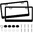 Amiss 2 Pack Solid Rust-Proof License Plate Frame, 2 Square Holes Stainless Steel Licenses Plate Covers Protector Frame with Screw Caps for Women & Man, Automotive Exterior Accessories (Black)