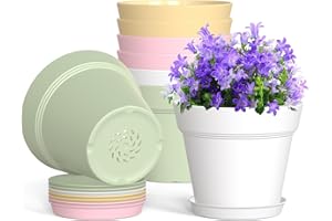 WSMKSZ 4 Inch Plastic Plant Pots with Drainage Holes and Trays – 8 Pack Small Nursery Pots for Indoor & Outdoor House Plants and Flowers, Seedling Starter Planters, Colorful