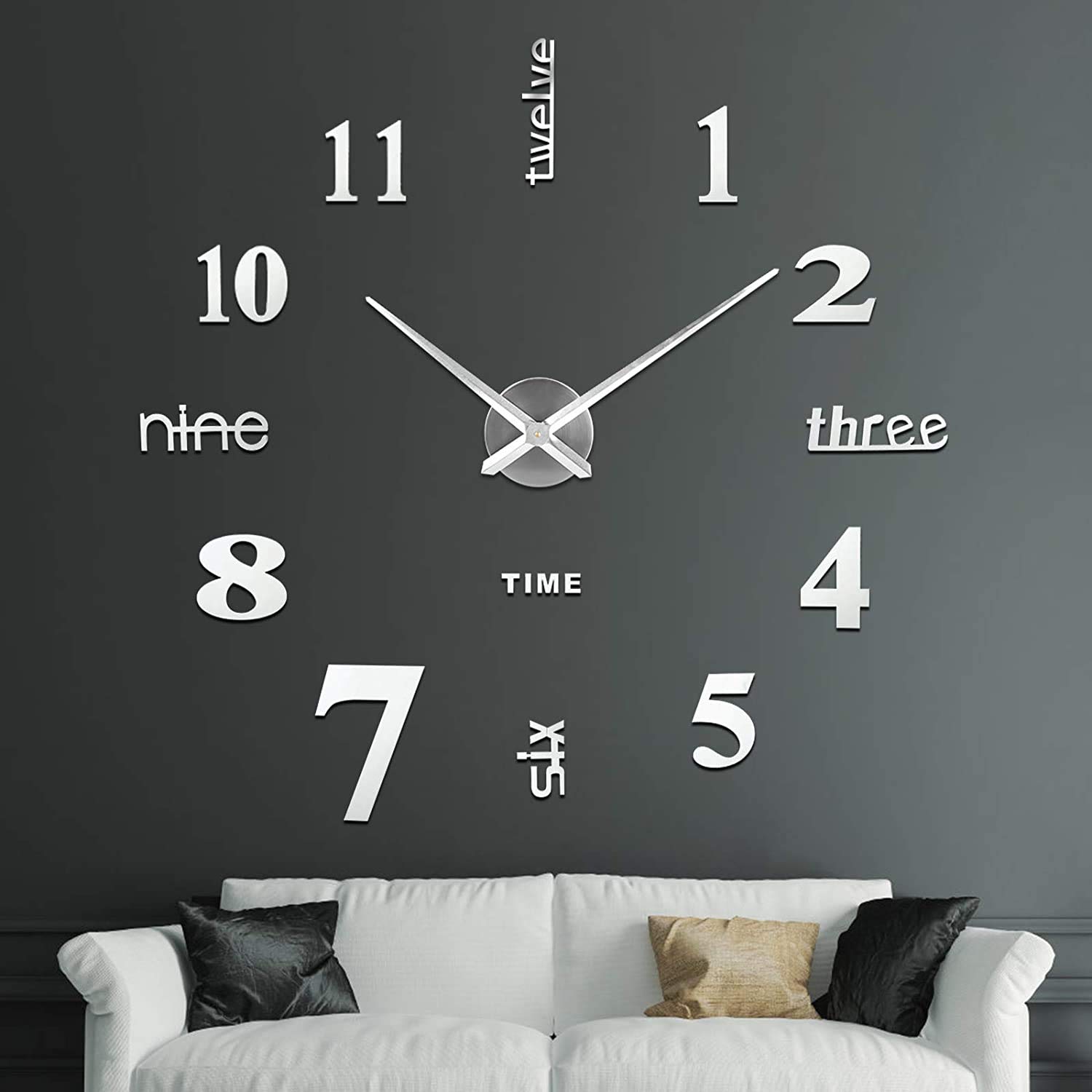 SOLEDI Wall Clocks for Living Room Modern, Large Wall Clocks for Home and Office Silent DIY Frameless Wall Clock （Silver）