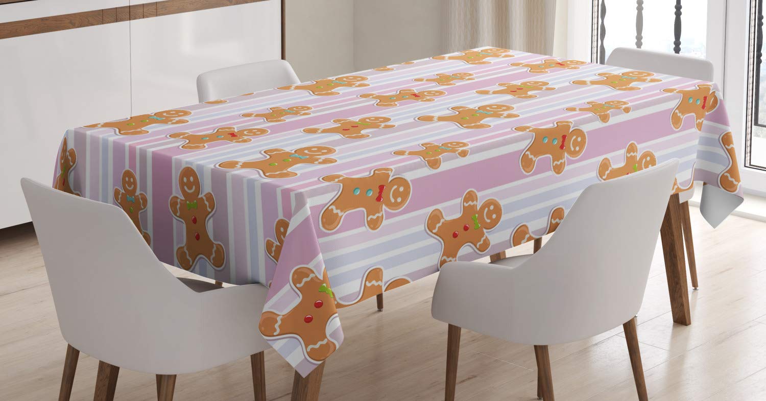 ABAKUHAUS Gingerbread Man Tablecloth, Kids Pattern with Pastel Colored Striped Backdrop Bakery Xmas Goodies, Dining Room Kitchen Table Cover, 54" x 78", Brown Pink
