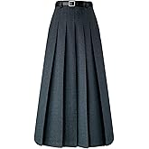 AULKEEP Casual Long Skirts for Women with Belt Fall High Waist Pleated Skirt Womens A-Line Long Flowy Skirts