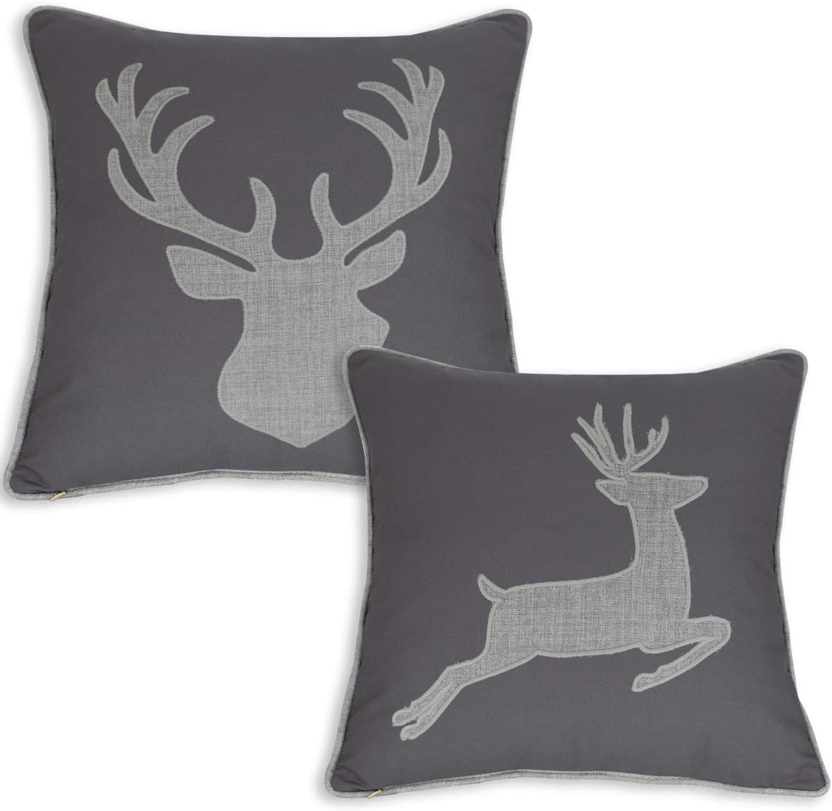 Deer Head and Elk Pillow Case Decorative Cotton Linen Embroidered Cushions Covers 18x18 Inches 2 Pack(Grey)