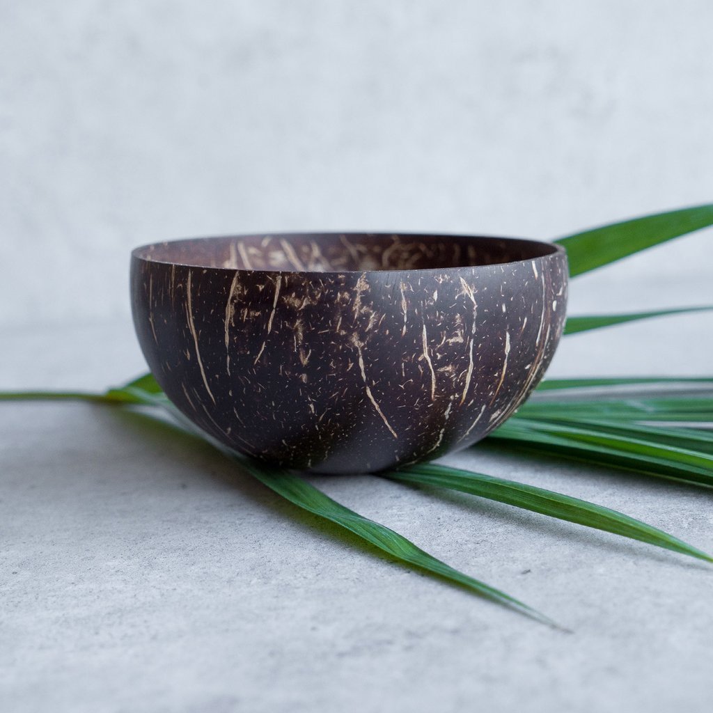 Natural Coconut Bowls and Spoons (set of 2) - Polished with Coconut Oil, Durable, Lightweight, Useful, Large Wooden Serving Bowl for Fruits or Salads, Breakfast, Decoration, Vegan Friendly