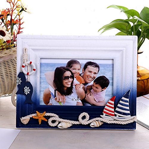 Wooden Photo Frame Mediterranean 6x4 inch Blue and White Creative Lighthouse Rudder Frame Home Photo Frame Decoration