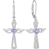 JO WISDOM Guardian Angel Wings Cross Earrings 925 Sterling Silver Cubic Zirconia Heart Birthstone Dangle Earrings Jewelry for Women
