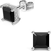 18K White Gold Plated Sterling Silver Princess Cut Cubic Zirconia Stud Earrings Square Simulated Diamond CZ Stud Earrings for Women Men Hypoallergenic