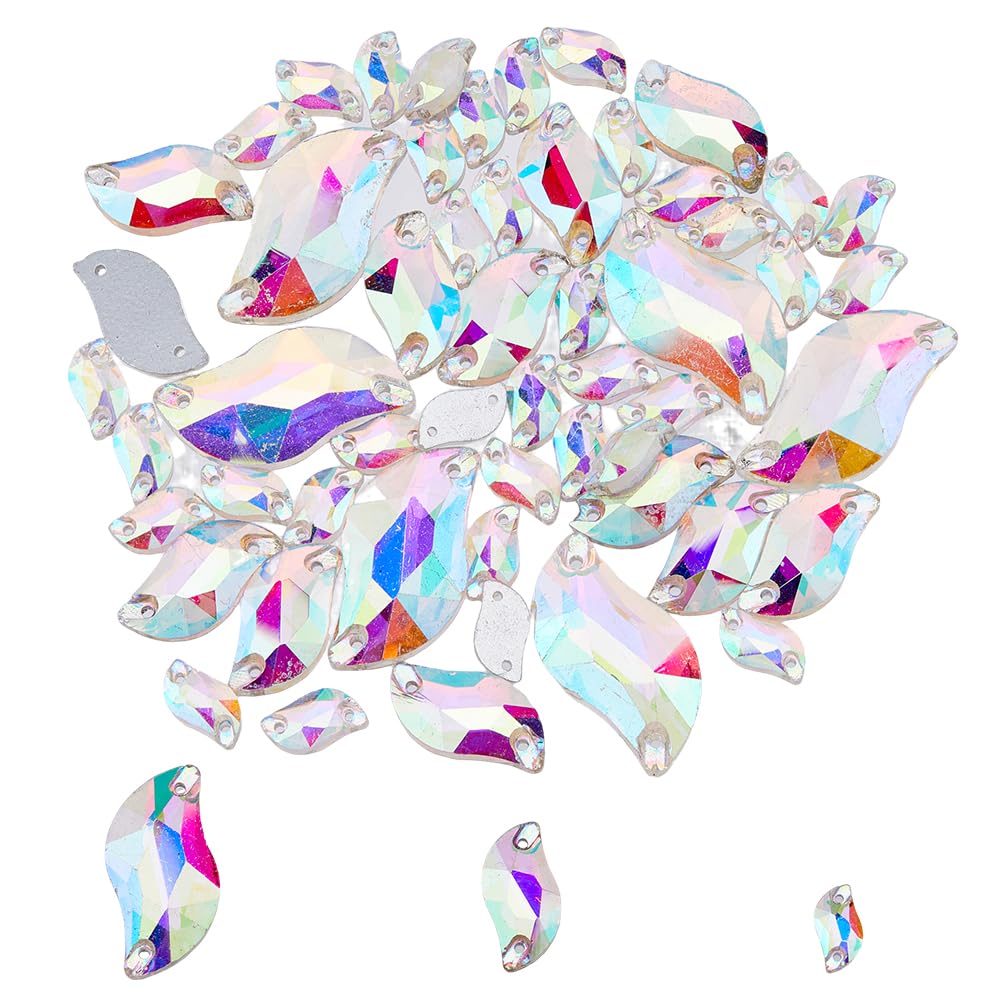 SUPERFINDINGS 54pcs S Shape Sew on Rhinestones 3 Sizes Crystal AB Sewing Stone Gems with 2 Holes Clear Flat Back Colorful Rhinestones for DIY Crafts Shoes Dance Costume Hole 1.4~0.9mm