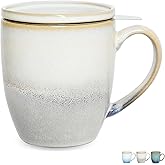 Bosmarlin Ceramic Tea Cup with Infuser and Lid, 16 Oz, 3 Colors to Choose, Dishwasher and Microwave Safe, Reactive Glaze, Steeping Tea Mug with Strainer (16 Oz, Grey White)