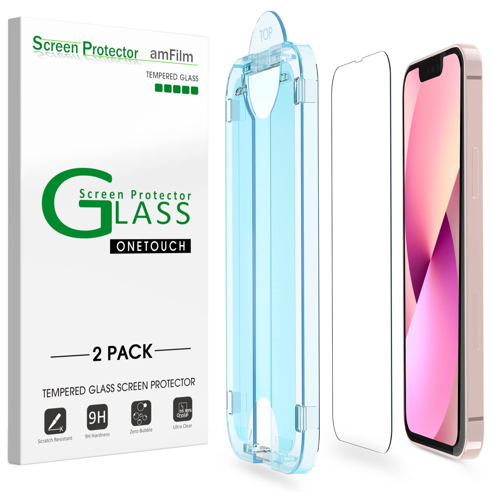 Photo 1 of amFilm OneTouch Glass Screen Protector Compatible with iPhone 13 Mini 5.4" 2021 with Easy Installation Kit, Full Coverage Case Friendly, Tempered Glass, 2 Pack