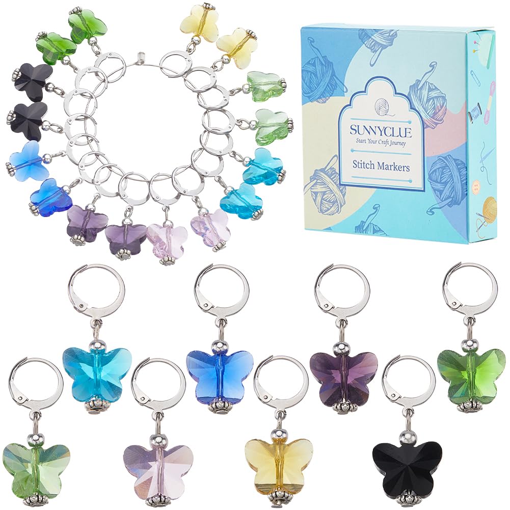 SUNNYCLUE 1 Box 24Pcs 3 Colors Crochet Stitch Marker Butterfly Lobster Clasp Charm Bulk Colorful Glass Butterflies Locking Markers with Stainless Steel Clasps for Knitting Weaving Quilting Jewellery