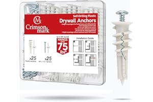 CrimsonMark 50Pcs Self Drilling Drywall Anchors and Screws kit #8 x 1-1/4”- Superb Wall Anchors for Drywall, Holds Upto 75lbs – No Drill Hole Required with These Dry Wall Screws and Anchors