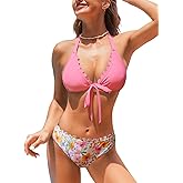 CUPSHE Women's Bikini Sets Two Piece Swimsuit Halter V Neck Bathing Suits Scalloped Drawstring Self Tie