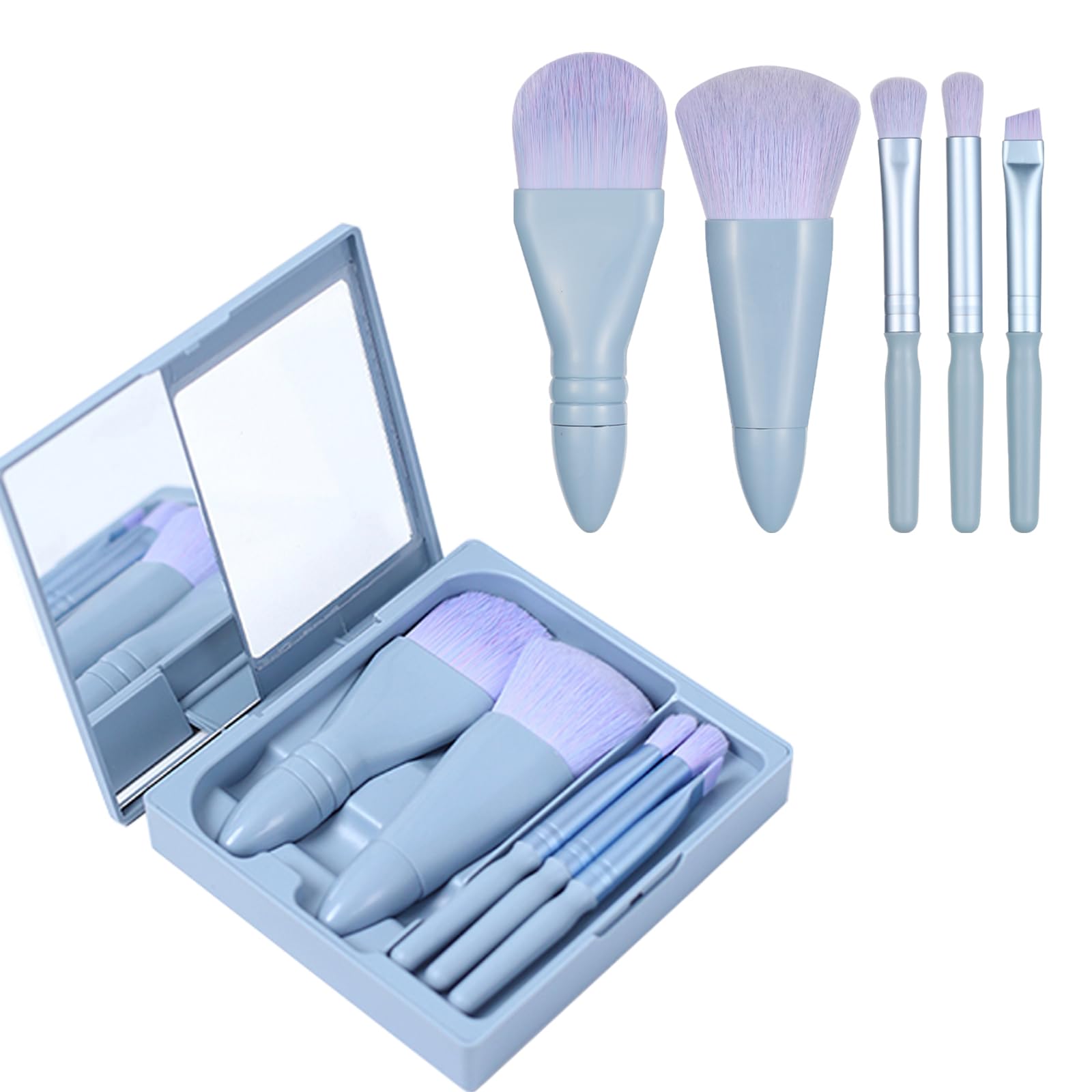 Travel Size Makeup Brushes Set Mini Makeup Brush Set with Case and Mirror, Small Complete Function Cosmetic Brushes Kit Perfect for On The Go(5PC, Blue)