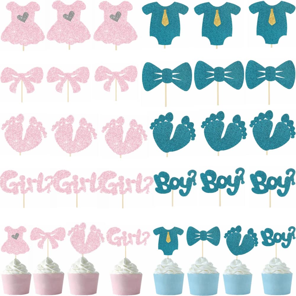 Kiwochy Boy or Girl Cupcake Topper Glitter Onesie Cupcake Toppers Blue Jumpsuit Cupcake Toppers Sticks Baby Shower Cake Toppers for Kids Birthday Gender Reveal Party Cake Decorations Supplies 24PCS