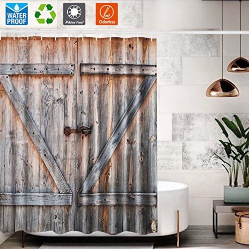 Bathroom Shower Curtain,Unique Barn Door Shower Curtain for Bathroom,Mildew Resistant Waterproof Bathroom Curtain Vintage Wood Rustic Country Shower Curtain with Hooks,Polyester,Washable,71x71 inch