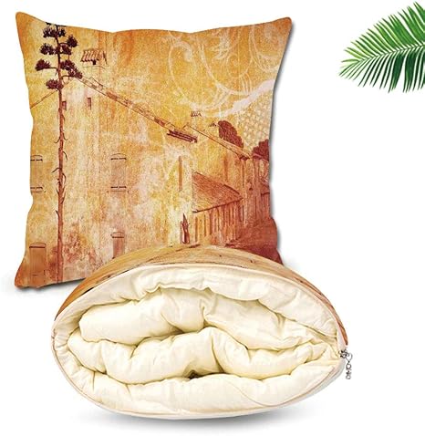 Amazon クッションリビングルームり あったか ふわふわ 柔らかい マイクロファイバー 丸洗いok 抗菌防臭 110 150cm 焦げたオレンジ 古いフランスの家の通りのレトロなイラスト地中海環境印刷 タン 携帯枕 オンライン通販