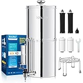 8-Stage Gravity Water Filtration System 3.0 Gallon-304 Stainless Steel Countertop System with 4 Filters and StandReduce 99.9% Chlorine, NSF/ANS 42 Certifcation
