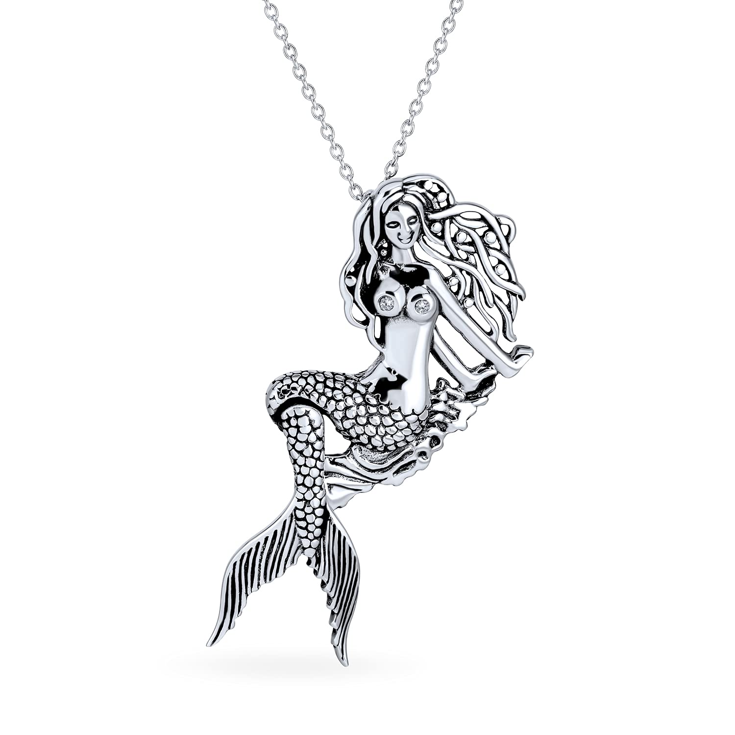 Bling Jewelry Nautical Large Dangling Sea Siren Mermaid Necklace Pendant For Women Oxidized .925 Sterling Silver