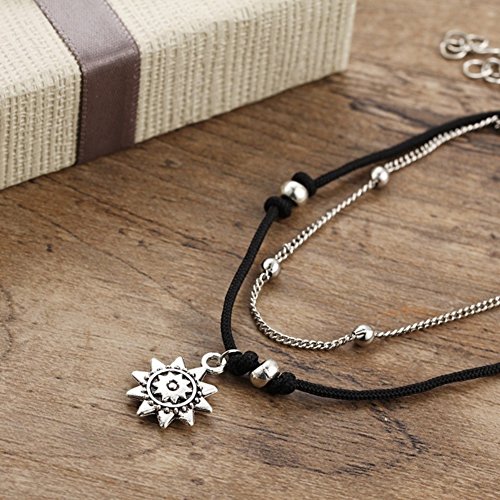 Afco Girls Boho Double Layer Anklet Sun Pendent Charm Women Foot Chain Ankle Bracelet Dress Accessory (Silver) - Thumbnail 3