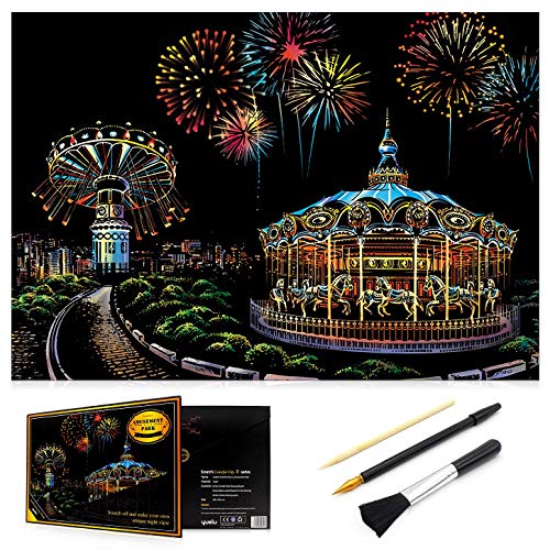 Ageqi Scratch Art Paper Rainbow Painting Sketch Pad for Adult and Kids, DIY Night View Scratchboard - 16'' x 11.2'' with 3 Tools (Amusement Park) - Thumbnail 7