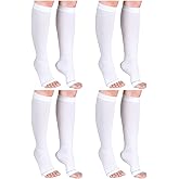 Sintege 4 Pairs Open Toe Anti Embolism Compression Stockings TED Hose 15-20mmHg Compression Socks 18mmHg Toeless Knee Socks for Women Men Swelling
