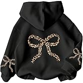 OYOANGLE Girl's Bow Leopard Print Oversized Hoodie Long Sleeve Hooded Sweatshirts Pullover Tops