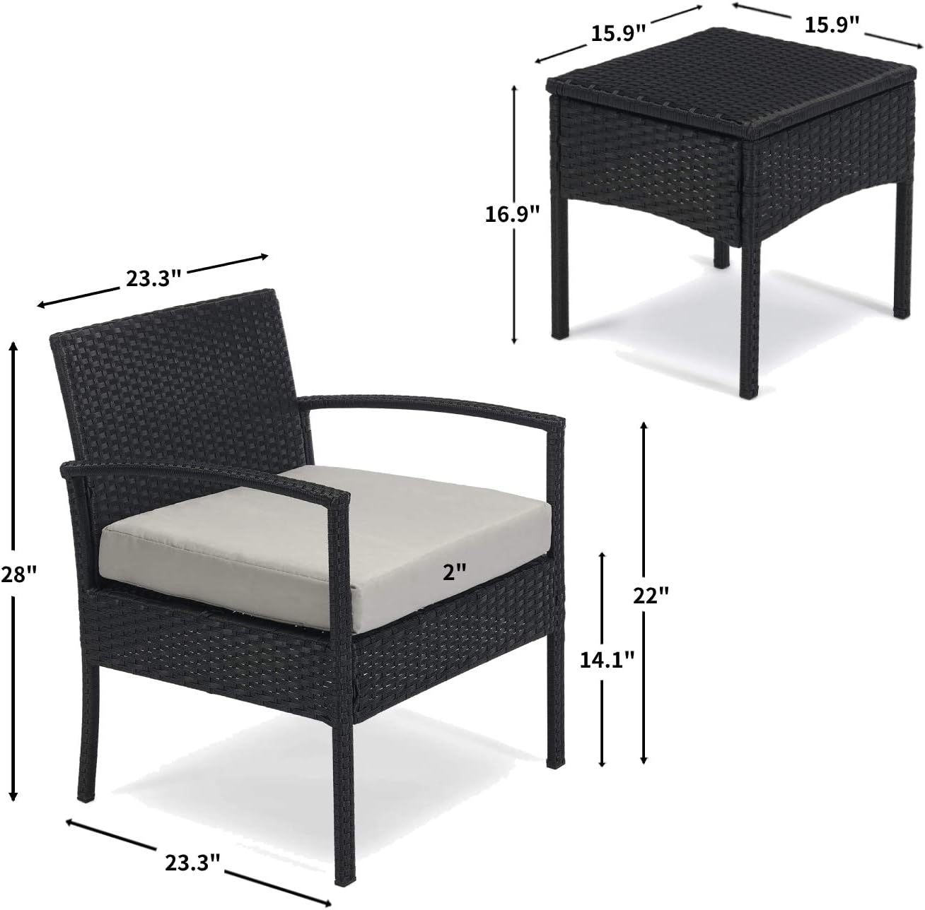 Leasbar Outdoor Chairs Set Bistro Set 3 Pieces Patio Conversation Set Furniture Set for Small Balcony Rattan Chairs and Table with Cushions Grey: Garden & Outdoor