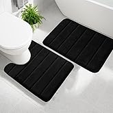 AINAHYVA Memory Foam Bathroom Rugs Sets 2 Piece, Extra Soft Absorbent Quick Dry Bath Mat Set, with U-Shaped Toilet Rug, Machine Washable Non Slip Bath Rugs for Bathroom, Shower and Tub, Black