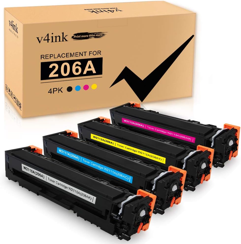 v4ink Compatible Toner Cartridge Replacement for HP 206A W2110A W2111A W2112A W2113A for use in HP Color Laserjet Pro M255dw M283fdw M283cdw M282nw Printer 4 Pack NO CHIP (Black Cyan Yellow Magenta)