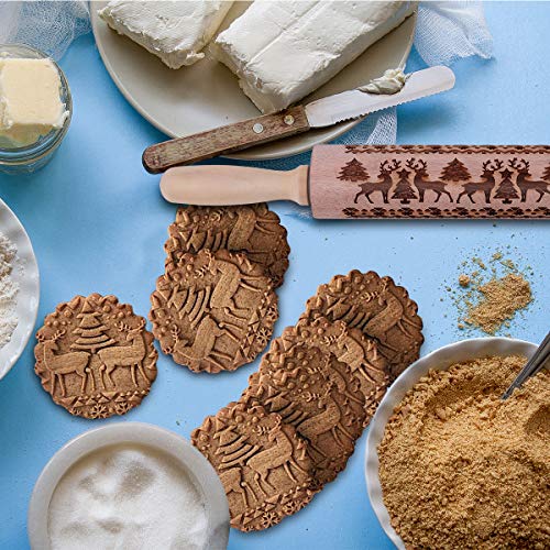 17" Christmas Wooden Rolling Pins, Embossing Thin Crust Rolling Pin with Christmas Tree Deer Pattern for Baking Kitchen Tool (snowflake)